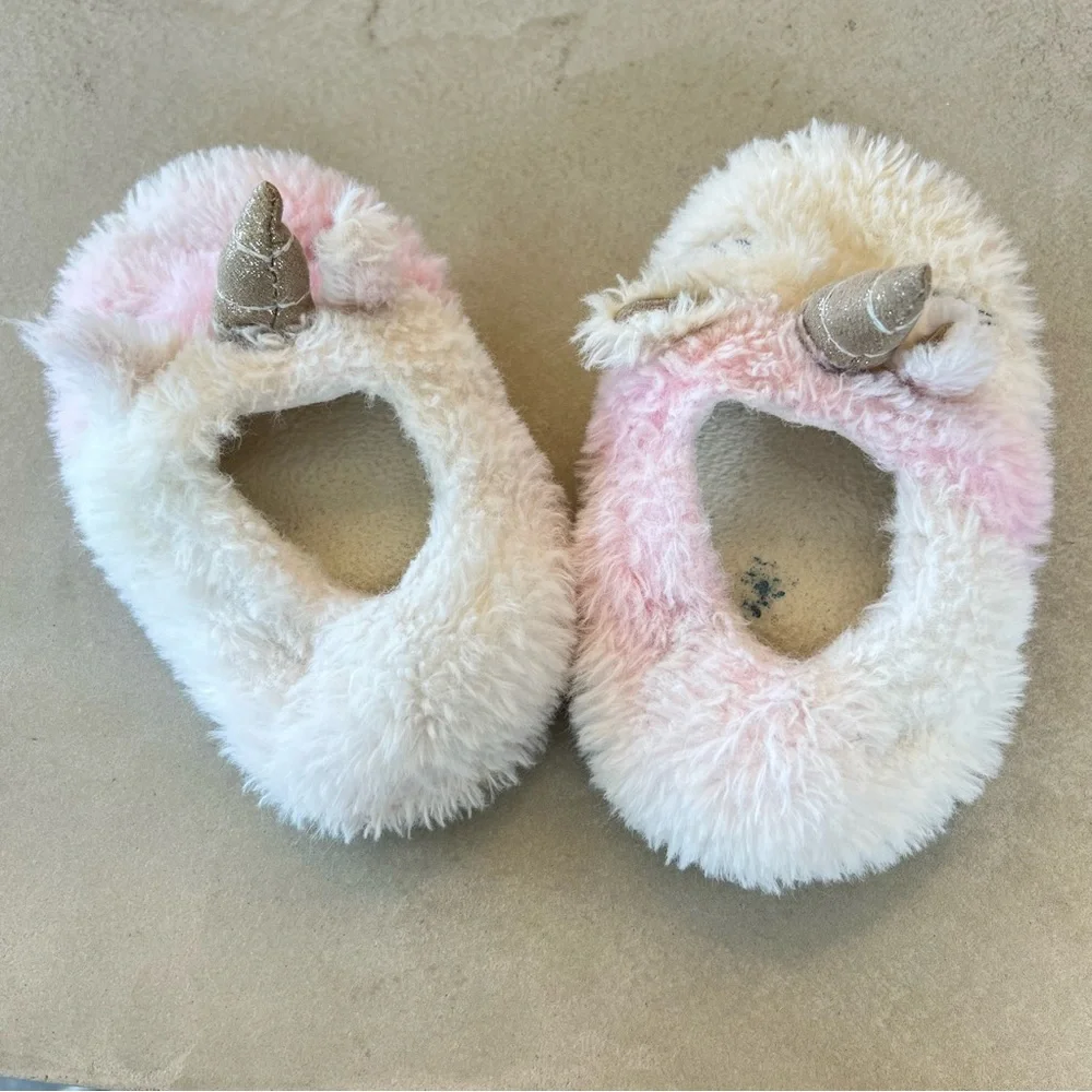 Unicorn Plush Slippers‎ with No- slip Rubber Sole in Pink and Cream, 7-8